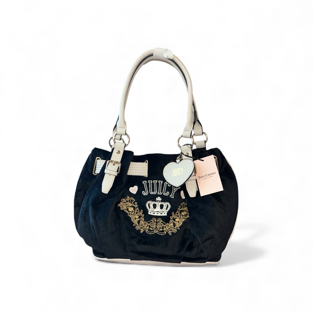 Juicy By Juicy Couture Retro Chic Velour Tote Bag Daydreamer Hobo Black White